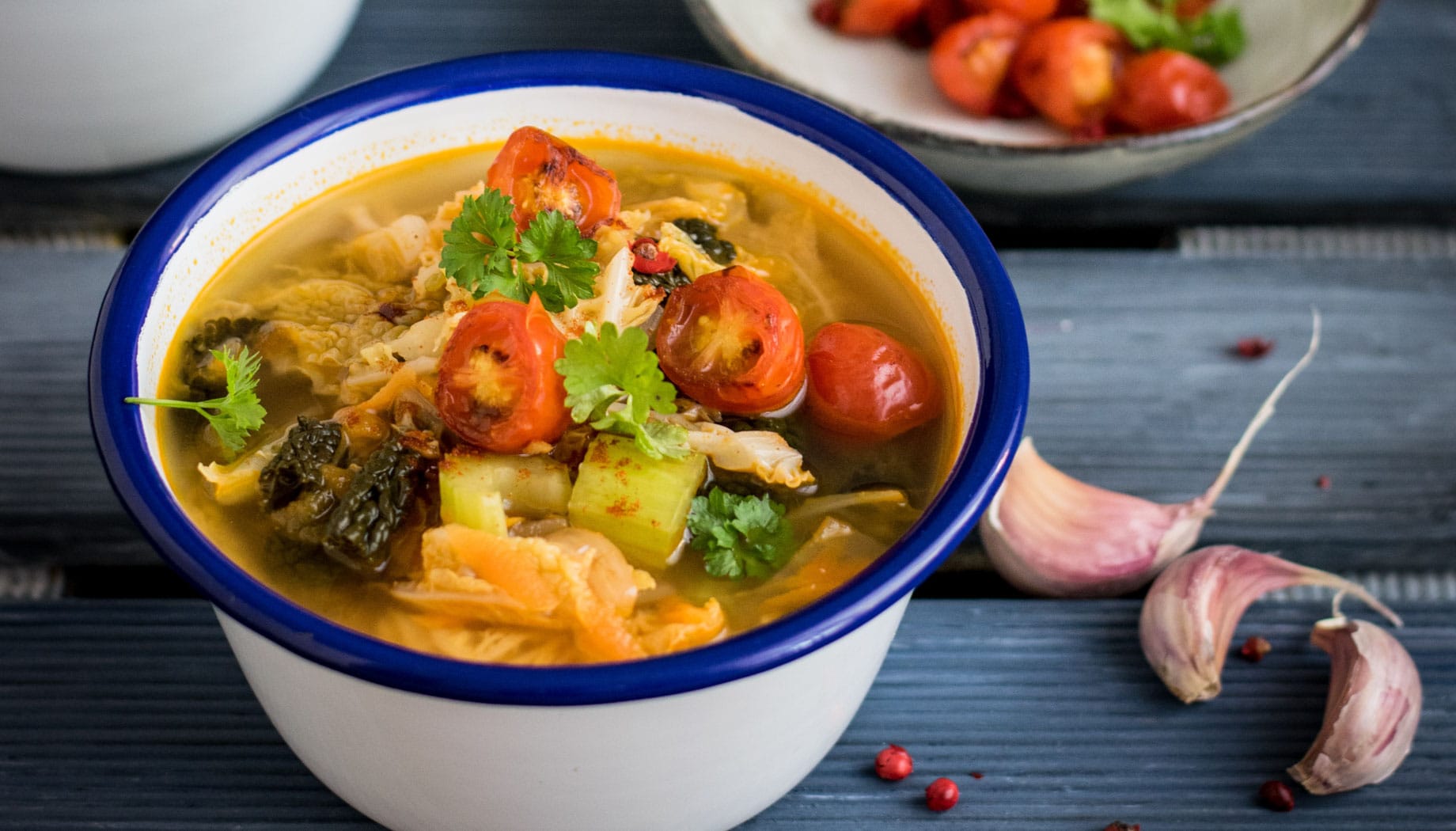 gumbo Gumbo in a white and blue cup.
