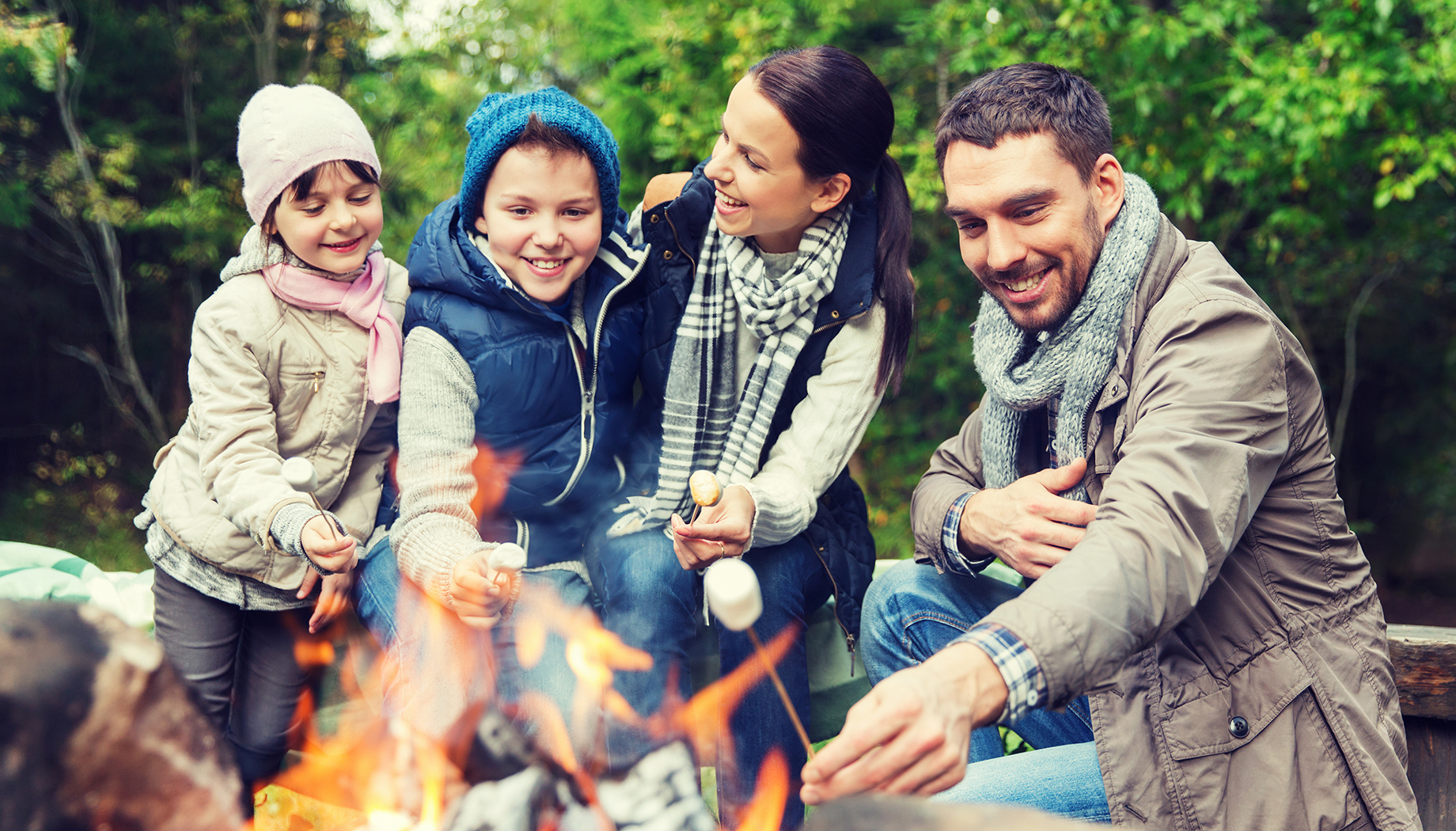 happy family roasting marshmallow over campfire Family toasting marshmallows around a campfire in the woods.